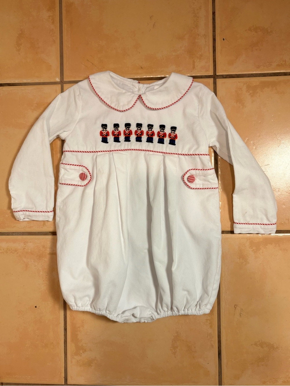 Cecil & Lou Classic Toy Soldier White Corduroy Smocked Bubble Romper Holiday 3T